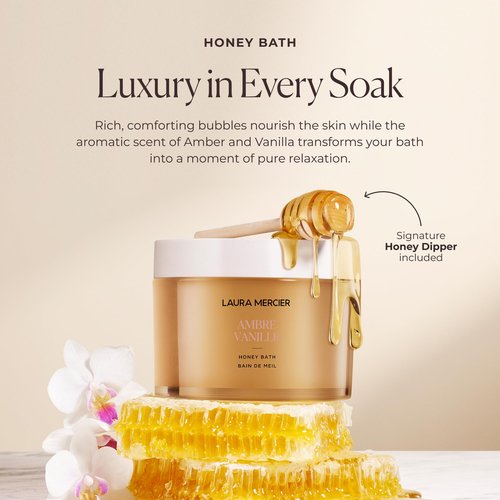Laura Mercier Honey Bath, Foaming Bubble Bath, Long-Lasting Hydration, Helps Maintain Skin's Moisture, Provides Visible Radiance, Suitable for All Skin Types, Ambre Vanille