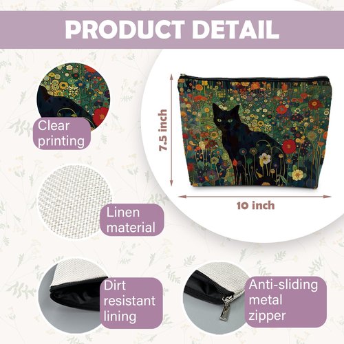 RYYCDOI Cat Gifts for Women Cat Lovers, Floral Black Cat Makeup Bags for Women Cosmetic Pouch