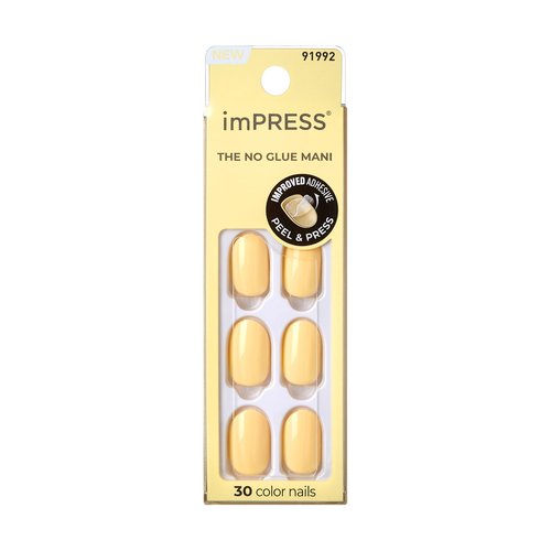 KISS Impress Press-On Manicure Fake Nails, Lemon Zest - Short Length Butter Yellow, Round Shape, Polish-Free Solid Color Mani, Includes Prep Pad, Mini File, Manicure Stick, and 30 Fake Nails
