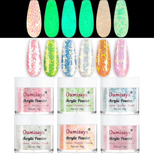 OUMISAYA Super Bright Glow in the dark Glitter Nail Acrylic Powder 6 Colors Set APG060 Pink White Blue Green Orange Colors Collection