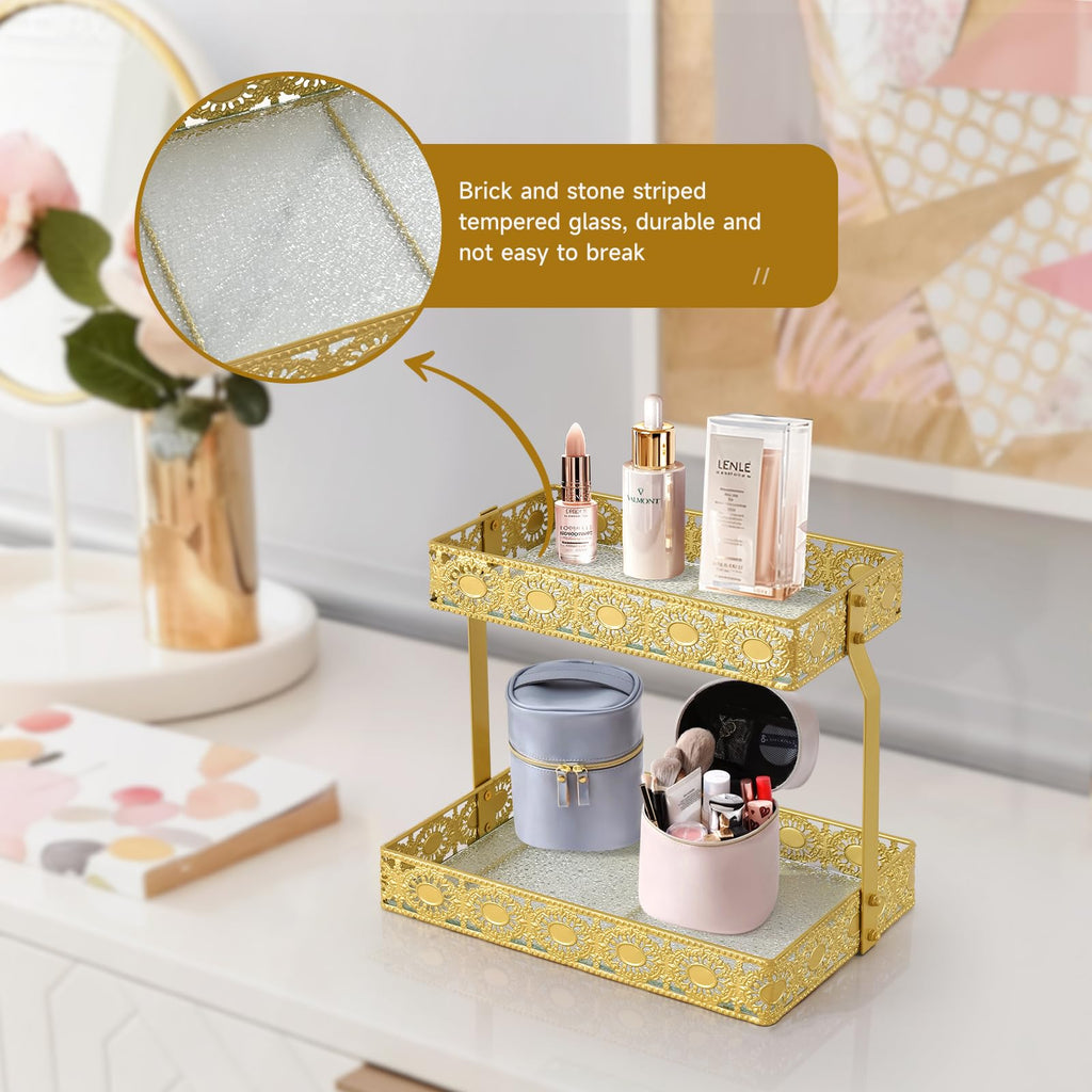 xiaojuande-Two Layer Glass Storage Tray with Portable Dressing Table Skin Care Product Organization Rack Corner Storage Rack for Bathroom Counter High-end Light Luxury Display Plate - Gold (Gold)