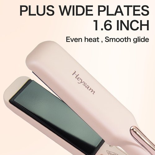 Heysam Flat Iron Hair Straightener and Curler 2 in 1, Travel Portable Dual Voltage Straightening Irons for Thick Hair, Ionic Iron Wide 1.6-Inch, 30S Fast Heating, LCD Display, Smooth & Frizzy, Pink