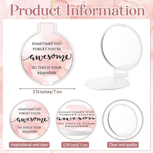Cinnvoice 25 Set Inspirational Compact Mirror Bulk for Women Sometimes You Forget You're Awesome Motivational 2.76 Inch Small Double Sided Folding Pocket Mirror for Women Lady Mothers Day(Pink Marble)