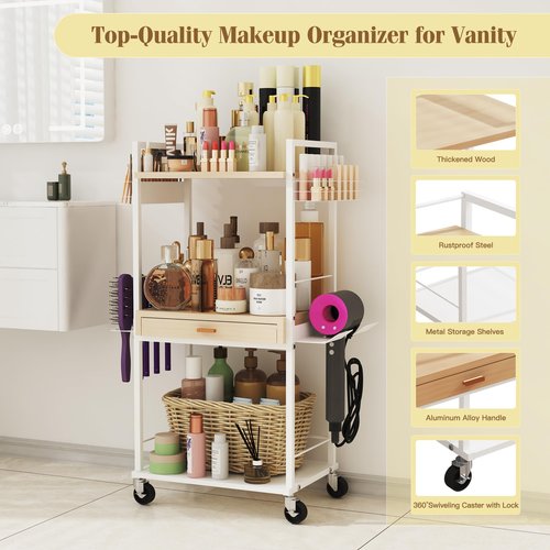 Makeup Organizer Cart with Wooden Drawer, 2-in-1 Floor Skincare Organizers with Jewelry Storage, 16.5'' L x 11.8'' W x 34.2'' H Large Make Up Organizers Vanity Organizer for Skin Care Hair Tool