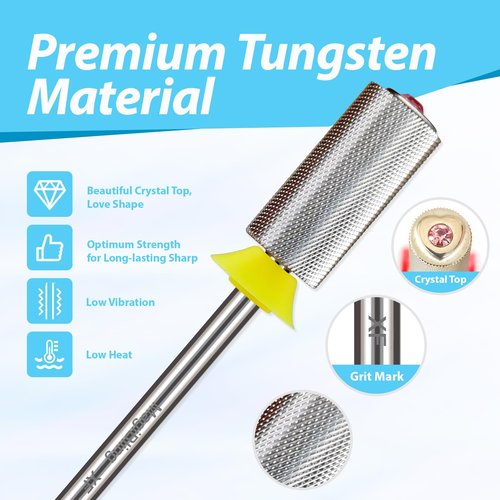 Heart Top Pink Crystal Nail Drill Bits for Efile, 3/32'' Safety 6.6mm Barrel Tungsten Carbide Professional Bits, Easy for Beginner, 2 Rotation Electric File Bit, Remove Gel fast, Silver, Extra Fine.