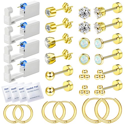 Nunpag 26 Pcs Ear Piercing Kit Ear Disposable Piercing Gun Kit Includes 4 Pcs Self Piercing Gun 18 Pcs Cubic Zirconia Earrings Stud Hoop Earrings 4 Cleaning Pads Easy-to-Use Ear Piercer Kit Tool