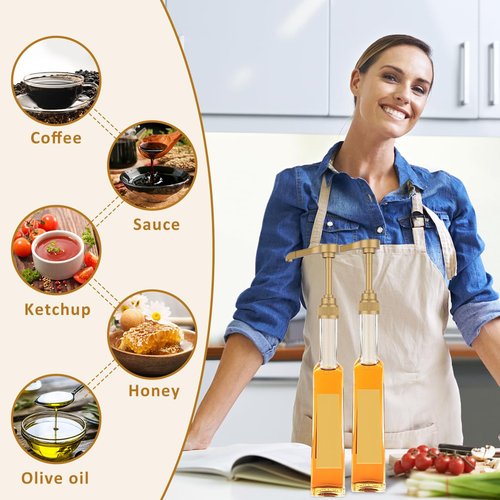 BXUYAOXMC 8Pcs Coffee Syrup Pump for Torani & Skinny Syrup Bottles, 750ml Reusable Pump Dispenser, No Drip Leak Proof Syrup Pump with 2 Spoons & Brush, Gold Replacement for Coffee Bar, Tea, Soda