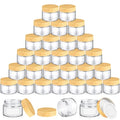 Layhit 48 Pcs 50 ml Cosmetic Glass Jars with Lids 1.69 oz Small Jars with Plastic Woodgrain Lids, White Labels and Inner Liners Empty Round Cosmetic Containers for Creams Lotions Powder Candle Making