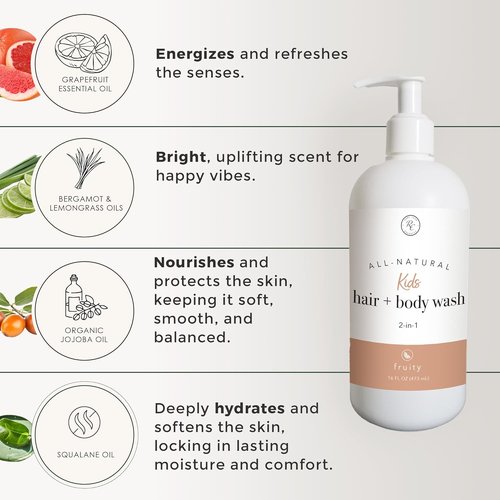 Rowe Casa Organics Kids Hair & Body Wash - 2-in-1 Therapeutic Essential Oils, Fruity Scent - 16 Fl. Oz