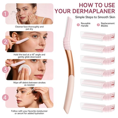 Eyebrow Razor and Face Razor for Women, Reusable Metal Handle with 7 Refill Blades, Dermaplane Razor with Protective Silicone Cap, Eyebrow Hair Trimmer