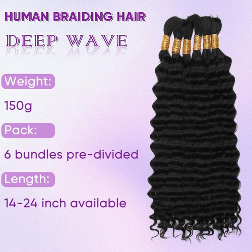 Human Braiding Hair for Boho Braids Human Hair 150g 18 Inch Deep Wave Natural Color Boho Braids Human Hair No Weft Boho Human Braiding Hair Curly 6 Bundles/Pack 1B