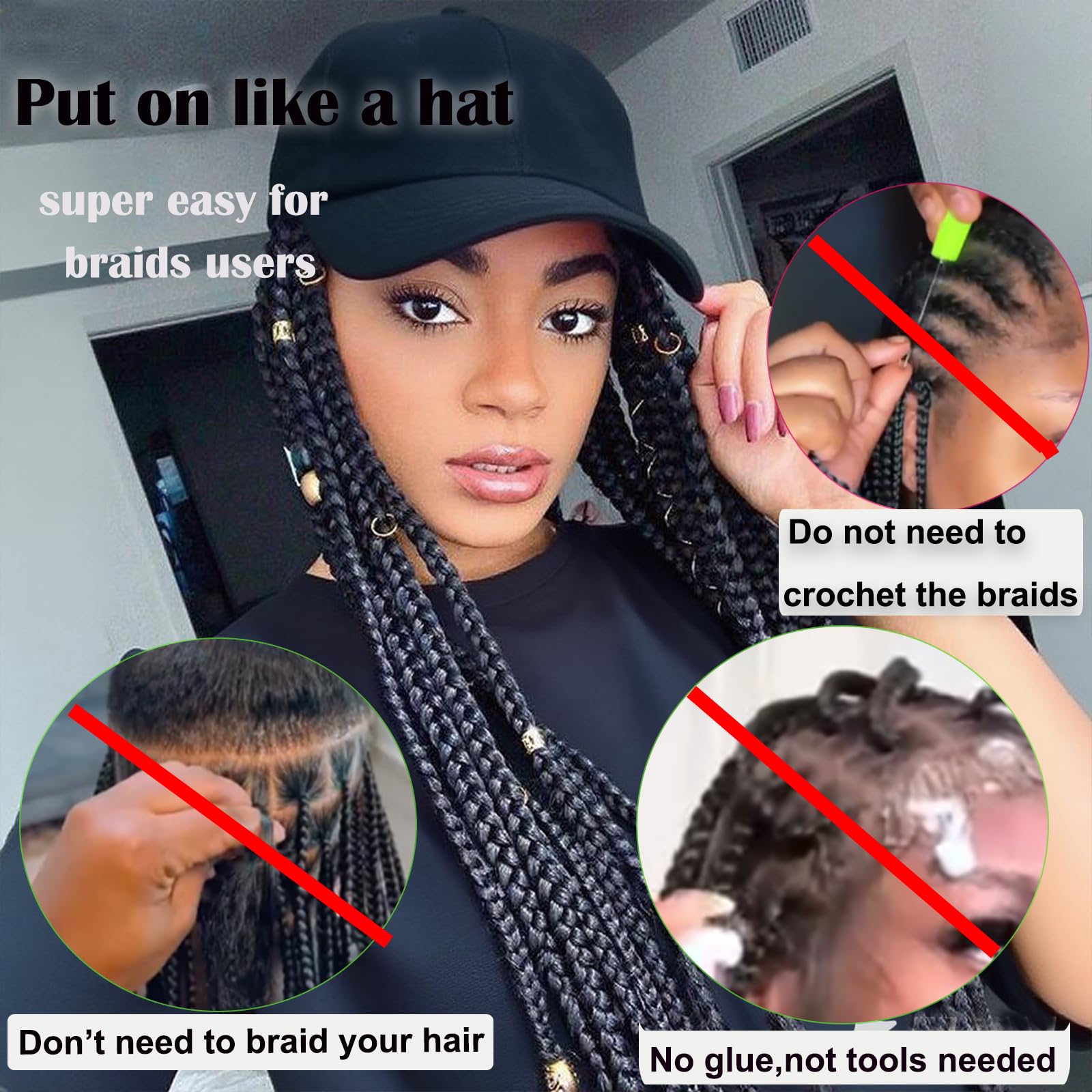 Yunkang Hat Wig for Women Baseball Cap with Braided Hair Attached Synthetic Black Box Braid Wig Hat Adjustable Cap with 24inch Black Braids for Daily Outdoor Use