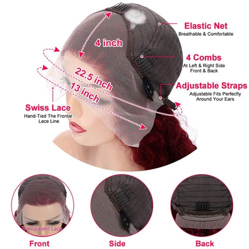Skiennix 24-Inch Burgundy Deep Wave Wig - 13x4 HD Transparent Lace Front, 180 Density, Pre-Plucked