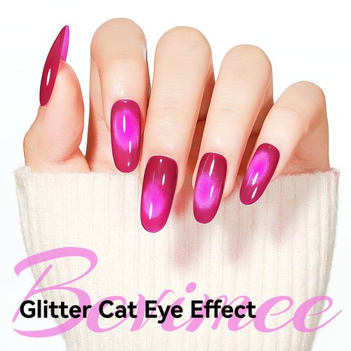 Bevimee Cat Eye Gel Nail Polish, Jelly Hot Pink Manetic Nail Polish Glitter Holographic with Magnet, Glass Reflective Translucent UV Gel for Valentine's Day Gift Manicure Salon DIY at Home
