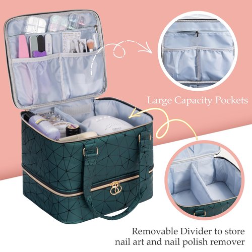 Uross Nail Polish Organizer Bag Holds 42 Bottles Nail Polish & Nail Lamp, Gel Nail Polish Organizers and Storage box for Nail Tech, Nail Kit Supplies Organizer Case - Darkgreen