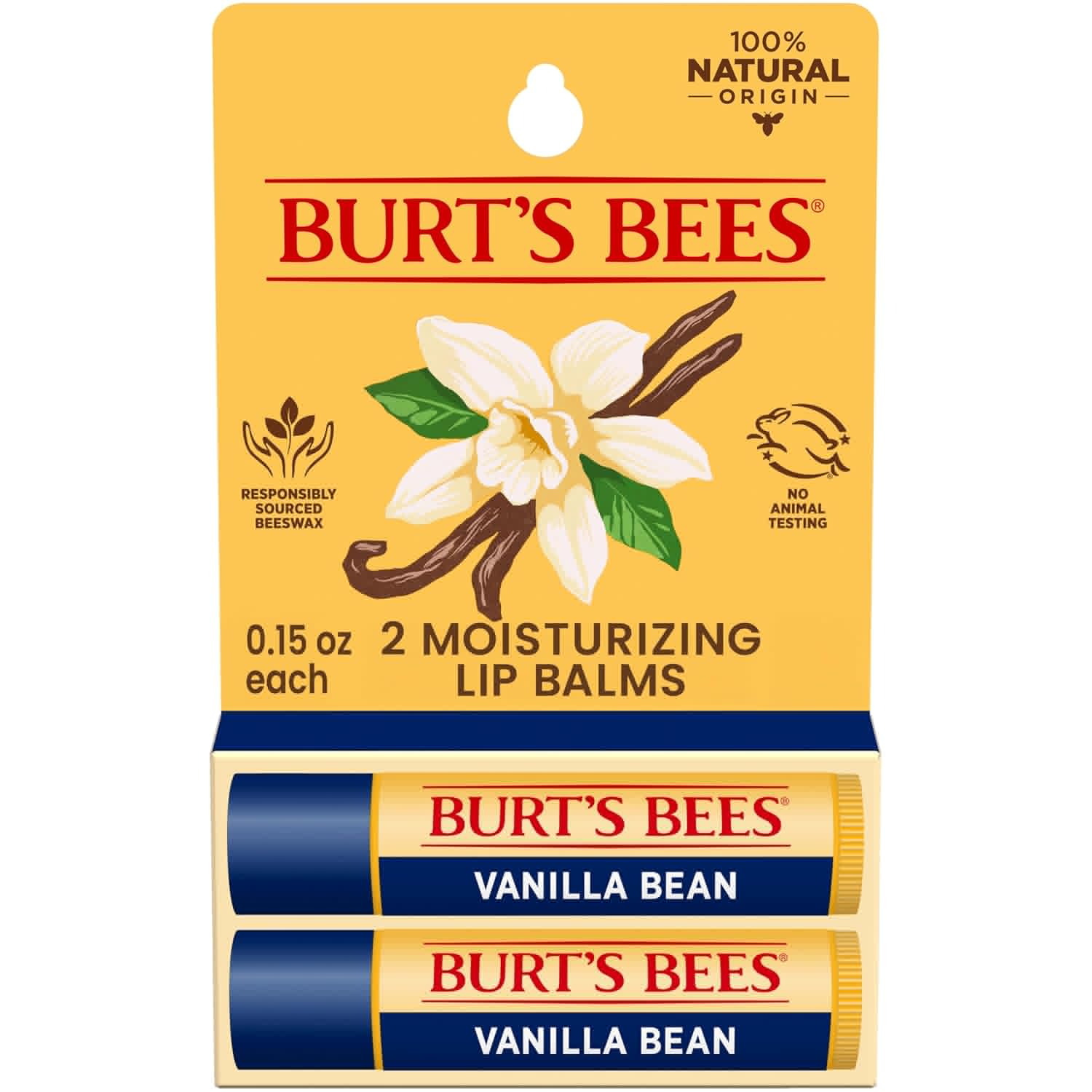 Burt's Bees Lip Balm - Vanilla Bean, Natural Beeswax Moisturizer, Tint-Free | 2 Tubes, 0.15 oz.