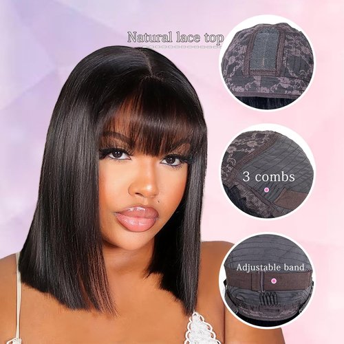 Tryfey Bob Wig Human Hair Glueless Bob Wig with Bangs Human Hair Straight 3x1 Transparent Lace Closure Bob Wigs for Black Women Natural Black 12 Inch
