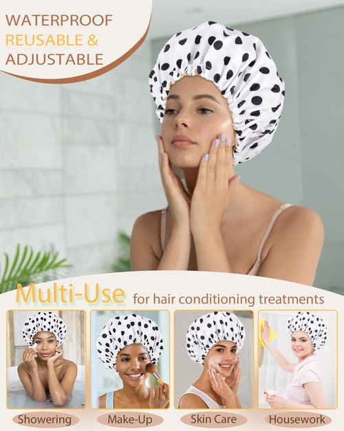 Luvruitaky Large Shower Caps for Women Reusable Waterproof Satin Lined Shower Cap with Adjustable Band Double Layer Design Luxury Washable Bath Hair Bonnet (Black Dot)