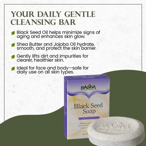 Madina Black Seed Soap Bar – Moisturizing, Anti-Aging, Deep Cleansing, Black Seed Oil, Shea Butter, Jojoba Oil, Plant-Based, Gentle Face & Body Cleanser, 6 Pack (3.5 oz Each)