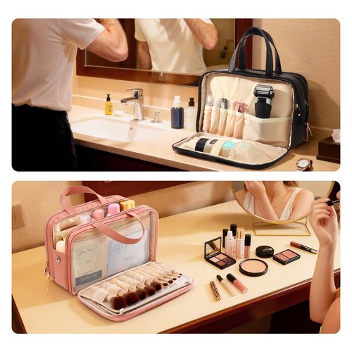 Large Travel Makeup Bag for Women with Luggage Sleeve and Reinforced Dual Handles, Featuring 10 Independent Elastic Brush Slots and 25 Pockets, Large Capacity Waterproof Cosmetic & Toiletry Organizer