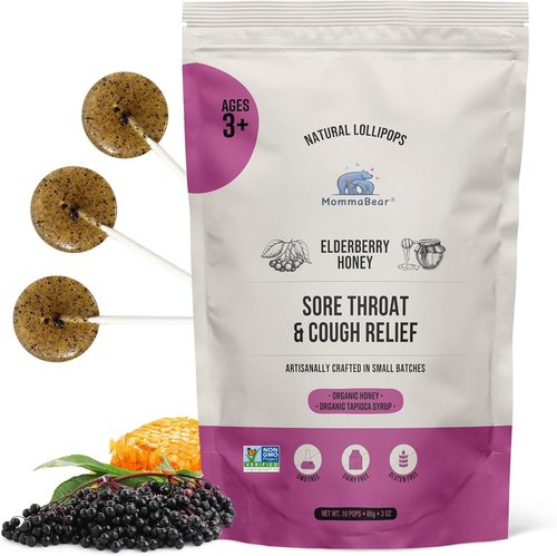 MommaBear Natural Sore Throat Care Lollipops - Organic Elderberry & Honey Kids Cough Relief | 10 Pack