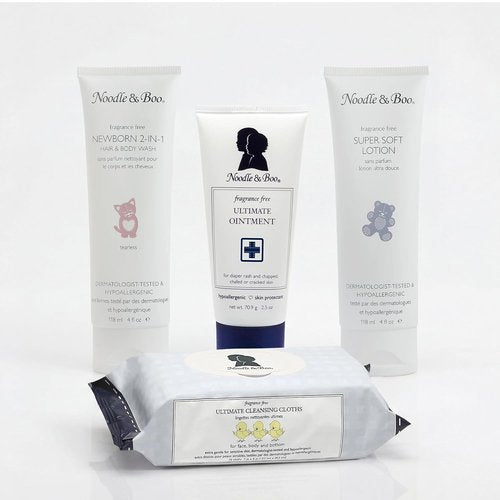 Noodle & Boo Fragrance-Free Baby Skincare Bundle - 4-Piece Set with Ointment, Shampoo, Lotion & Cloths for Sensitive Skin