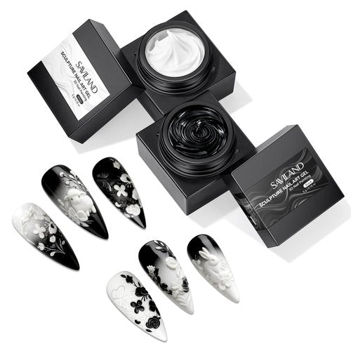 SAVILAND 3D Sculpture Nail Gel Set: Black & White No-Wipe Creamy 3D Sculpting Painting Gel for Micro Embossed 3D Nail Art Molding Florals Lines Patterns & French Tips Design Home DIY Salon Manicures