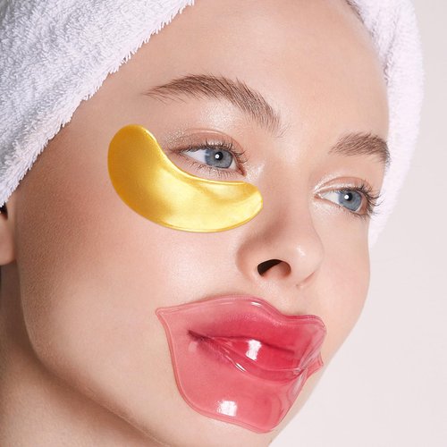 15 Pairs Gold Eye Mask and 15 Pcs Collagen Crystal Lip Mask, Under Eye Patches and Lip Pads,Collagen Crystal Mask Set for Moisturizing, Reducing Fine Lines & Dark Circles for Valentines Day Gifts