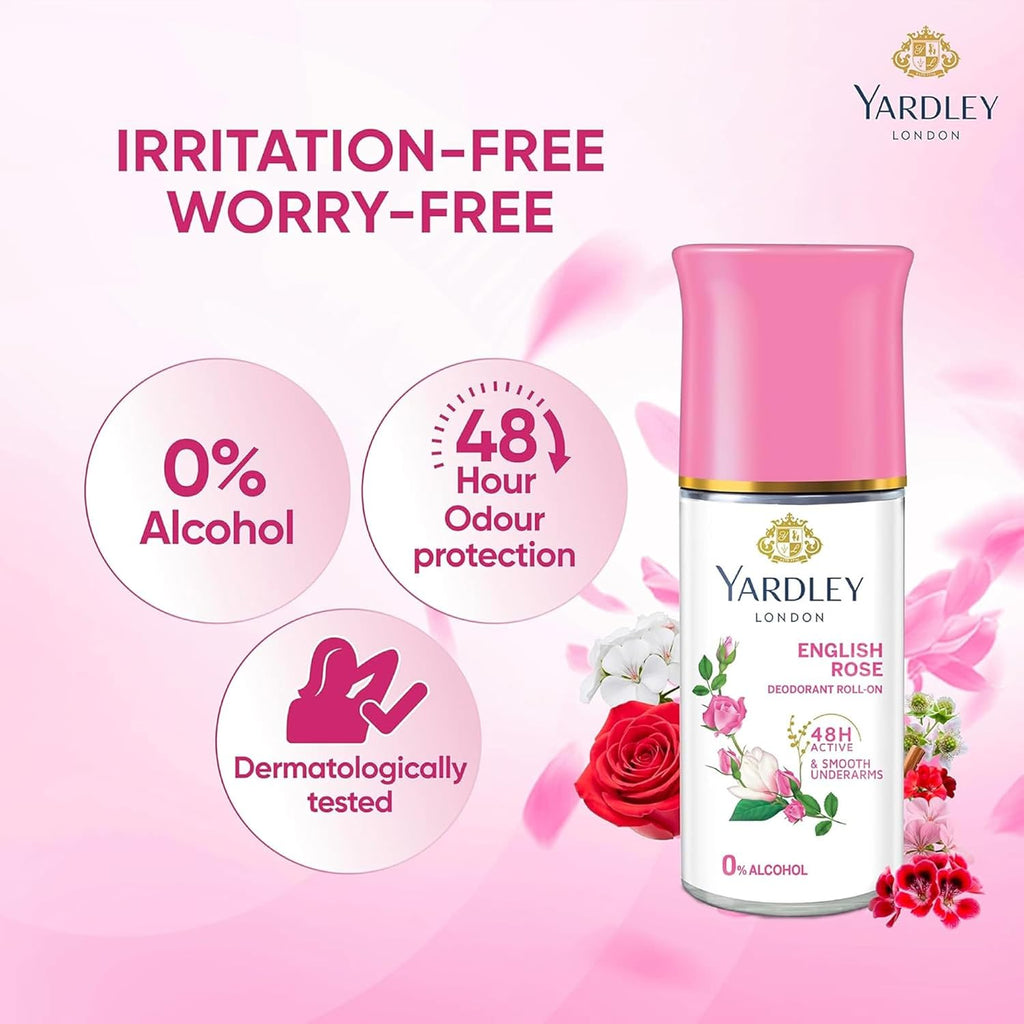 Yardley London English Rose Deodorant Roll-On - 48-Hour Protection | Alcohol-Free | 1.7oz (50ml)