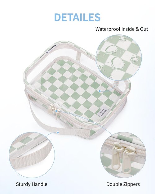 Narwey TSA Approved Clear Toiletry Bag for Travel, Waterproof PVC Clear Makeup Bags, Portable Compact Cosmetic Bag Make Up Organizer, Airport Airline Quart Size Compliant Bag (Mint Green Checkerboard)