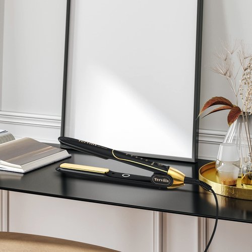 Terviiix 100% Titanium Flat Iron, 24K Salon Professional Hair Straightener and Curler 2 in 1, Non-Snagging Straightening Iron for One Swipe, 15s Ultra Fast Heating, Dual Voltage, Auto Shut Off, 1''