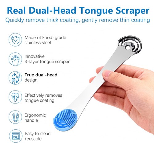Tongue Scraper for Adults, 3-Layer Stainless Steel Tongue Scraper Metal Tongue Cleaner Tongue Scrubber, Reduce Bad Breath, with Soft Silicone Tongue Brush