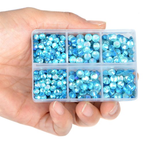 LPBeads 6400 Pieces Aquamarine Blue AB Hotfix Rhinestones Flat Back 5 Mixed Sizes Crystal Round Glass Gems with Tweezers and Picking Rhinestones Pen