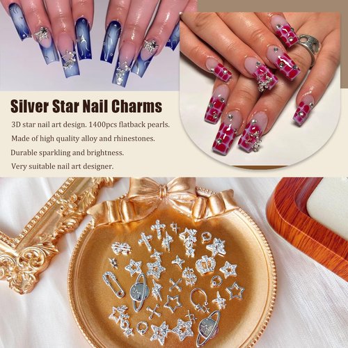 92pcs Star Nail Charms, 1 Box Silver Nail Pearls for Crafting Flat Back, Y2K Silver Metal Planet Cross for Acrylic Nail Art Rhinestones Dangling Star Nail Chains Cute Gems Manicure Decorations Bulk