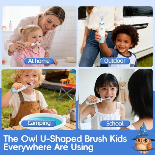 Hikid Kids Electric Toothbrush，360-Degree Sonic Vibration, IPX7 Waterproof,Toddler U Shaped Toothbrush with 2 Soft Brush Head,Cute Owl Design Baby Toothbrush for Ages 8–13（Blue）