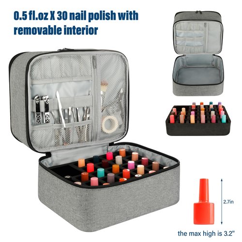 LIVEBAY Nail Polish Organizer Bag, Double-Layer Nail Supplies Organizer Holds 30 Bottles & Nail Lamp, Professional Nail Kit Storage Carrying Case (Gray)