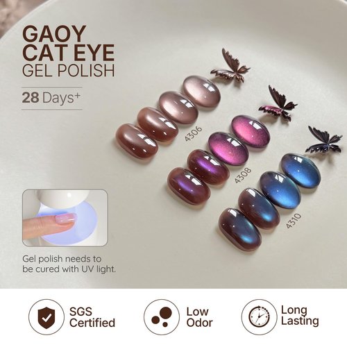 GAOY Brown Chameleon Cat Eye Gel Nail Polish Kit with Magnet, 6 Colors Glitter Holographic Nail Polish Set, UV Cure Gel for DIY Manicure at Home