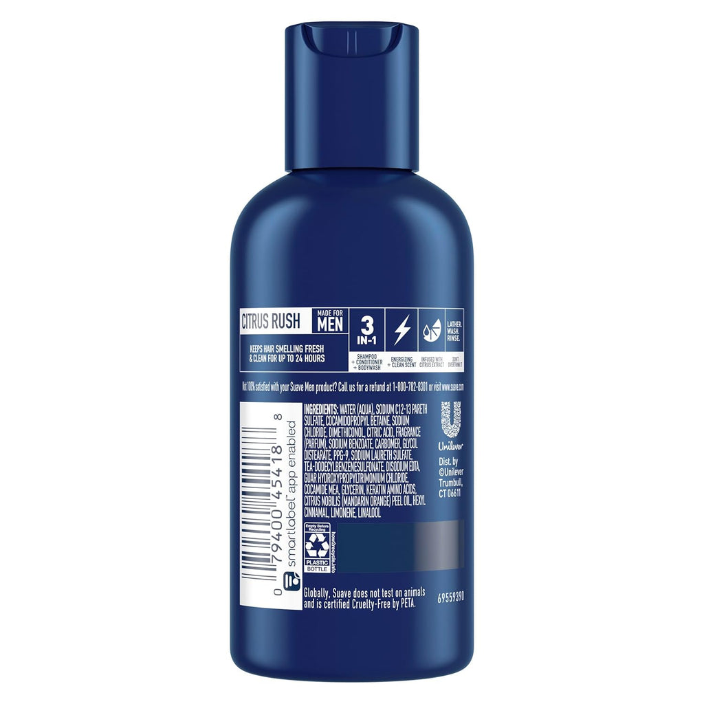 Suave Men Body Wash 3-in-1 Citrus Rush - Travel-Size Shampoo, Conditioner & Soap | Keratin-Infused, 3 Oz (Pack of 3)
