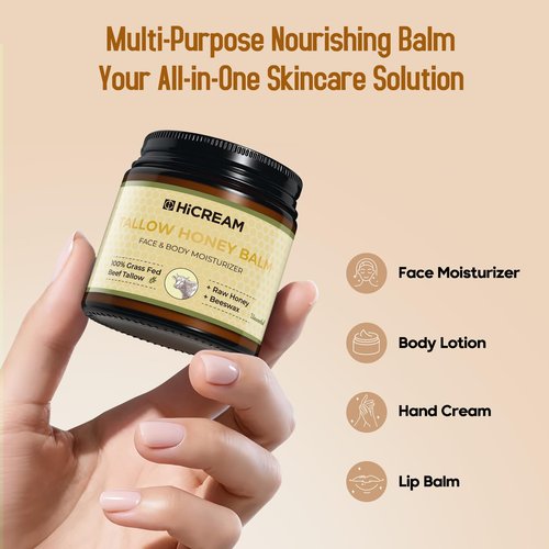 Hicream Beef Tallow for Skin, Beef Tallow and Honey Balm, 100% Organic Grass-Fed Beef Tallow Balm, Face & Body Moisturizer, Deeply Nourishment for Dry, Cracked, Sensitive Skin, Natural Formula (4 Oz)