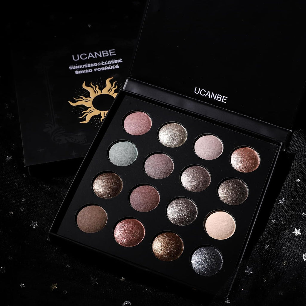 UCANBE Baked Eyeshadow Palette - 16 Highly Pigmented Nude Colors with Matte & Glitter Finish