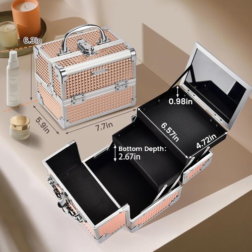 FRENESSA Makeup Case - Portable Train Case with Mirror & Lock | Rose Gold Cosmetic Organizer