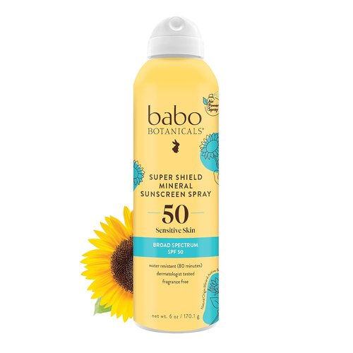 Babo Botanicals Super Shield Mineral Sunscreen Spray SPF 50 | Natural Zinc Oxide & Titanium Dioxide for Sensitive Skin