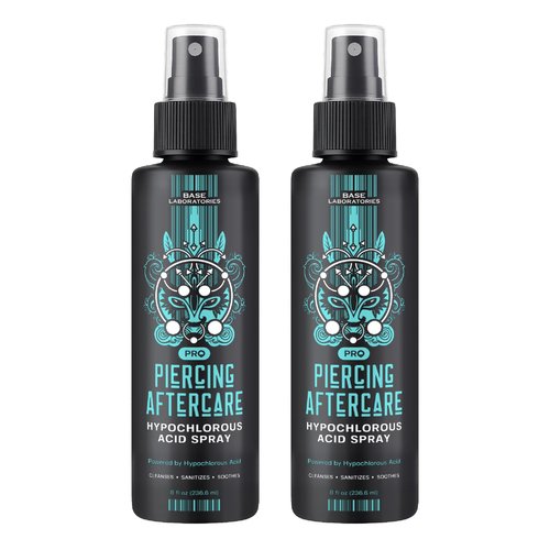 BASE LABORATORIES Piercing Aftercare Hypochlorous Acid Spray PRO - 8 OZ | Saline Solution Piercing Aftercare - Saline Spray for Ear Piercings, Bumps & Keloids | Ear, Nose, Belly - 2PK