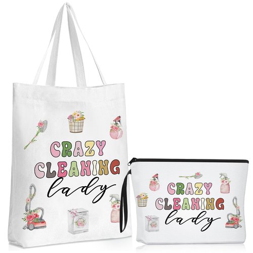 Clysee Housekeeping Week Gifts Housekeeper Appreciation Gifts Supplies Cleaning Bags for Housekeepers Custodian Cleaning Makeup Bag Cosmetic Pouch Canvas Tote Bag(2 Pcs,White)