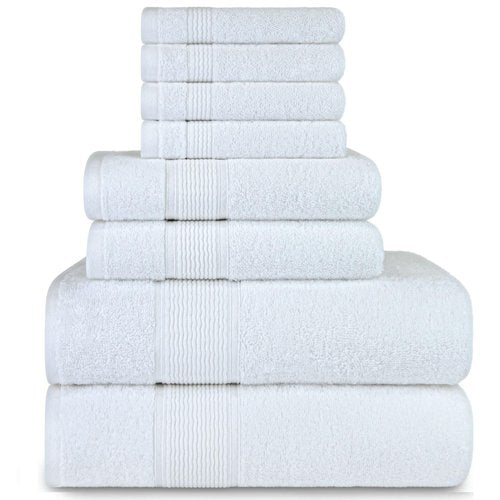 DecorRack 8 Piece Towel Set, Cotton, Highly Absorbent, Super Soft, Quick Dry, 4 Washcloths (13"x13"), 2 Bath Towels (27"x54"), and 2 Hand Towels (16"x28"), White (Set of 8)