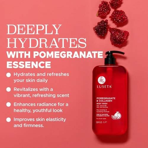 Luseta Pomegranate & Collagen Body Wash Rejuvenating Shower Gel Body Cleanser for All Skin Types Moisturizing and Hydrating Dry Skin 33.8oz