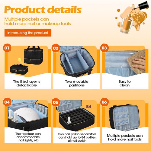 Cheungren Nail Bag Organizer Case - Three Layer Nail Polish Storage Bag with Adjustable Dividers Holds 84 Bottles Nail Polish Nail Lamp Nail Kit Supplies Organizer Box - Black