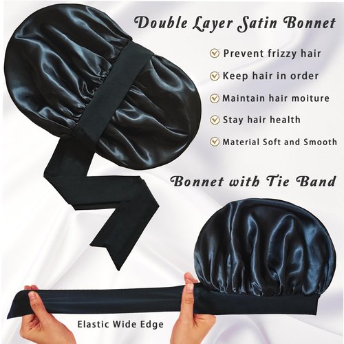 Bonnet with Tie Band, Satin Hair Silk Bonnet for Sleeping Women, Sleep Bonnets for Women, Double Layer Sleep Cap for Curly Hair Braids