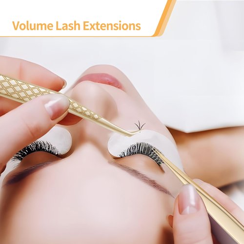 MGER Lash Tweezers for Eyelash Extensions,Diamond Grip 90 Degree Fiber Tip Volume Lash Extension Tweezers,Gold (7Pcs Tweezers Set)