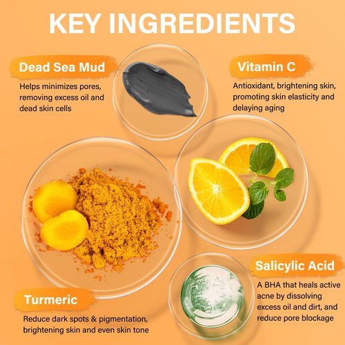 Facial Clay Mask Set - Vitamin C Turmeric Face Mask, Dead Sea Mud & Salicylic Acid (BHA) Mask for Pore Cleansing, Brightening, Blackheads & Dark Spots, Face Masks Skincare Gift for Women, 2.82 oz each